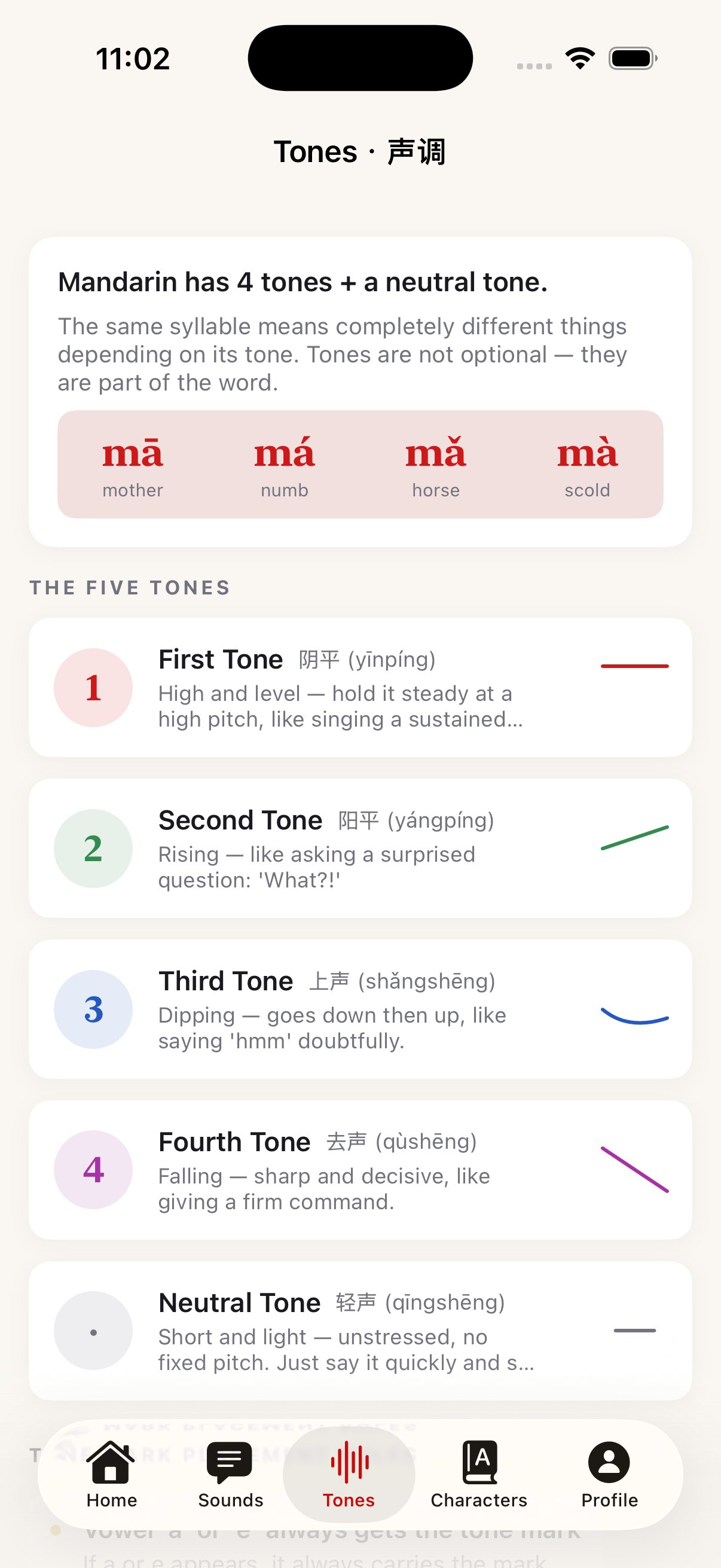 HanSounds app – Chinese 4 tones (声调) visual guide screen